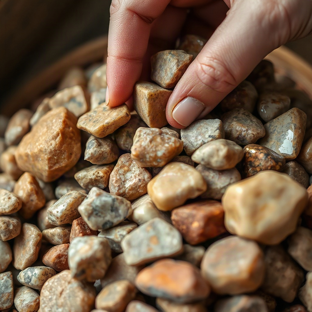 close up of natural raw basanite stone minerals being selected by hand, warm earthy tones
