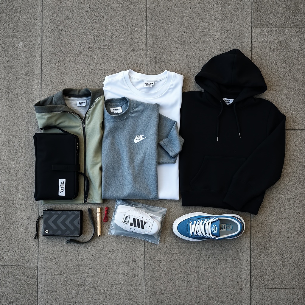 flat lay of folded premium streetwear pieces on textured concrete, overhead editorial styling