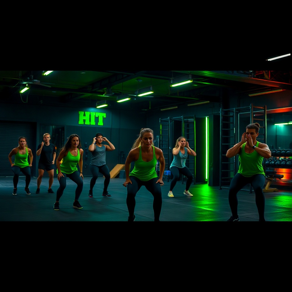 HIIT workout class in progress, people doing burpees and box jumps, dark gym with dramatic green acc
