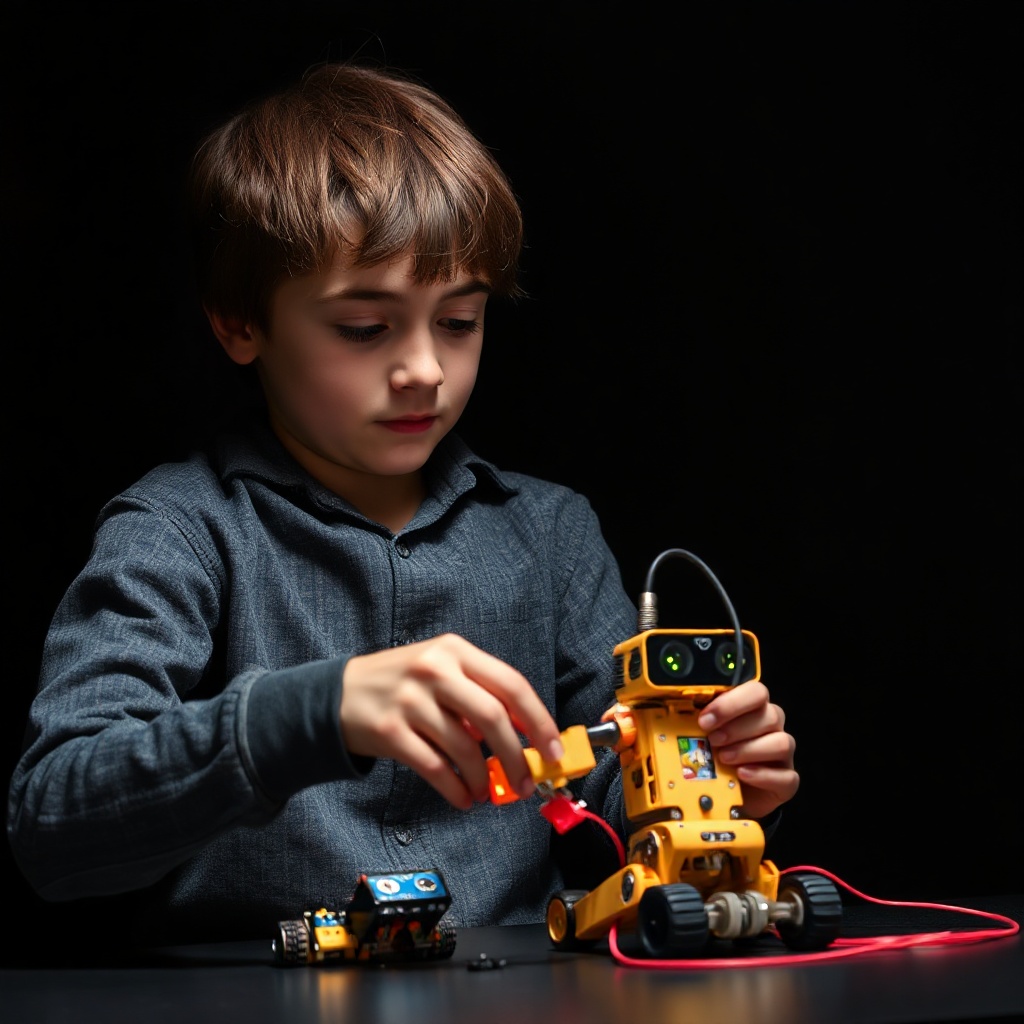 Student assembling a small robot kit, focused expression, dark studio lighting