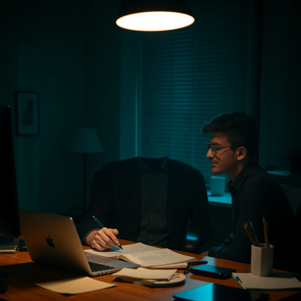 entrepreneur working on finances late night, dark office, moody dramatic lighting, editorial photogr