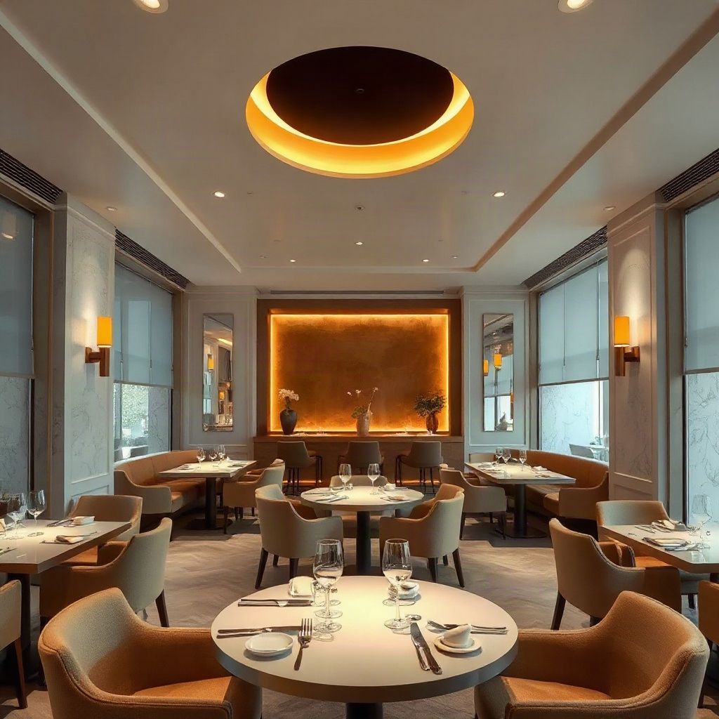 interior of a luxury fine dining restaurant, minimal aesthetic, warm lighting, designer furniture
