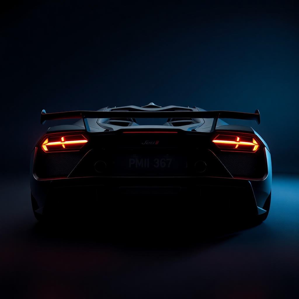 dark studio shot of a matte black hypercar rear view quad exhaust aggressive diffuser, premium autom