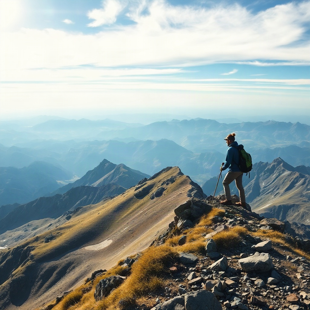 hiker reaching a mountain summit, alpine landscape
