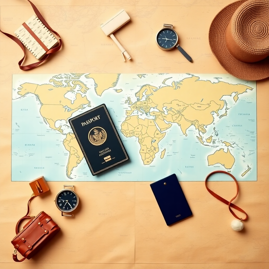 world map flat lay with travel accessories compass passport, warm tones, overhead shot, travel background