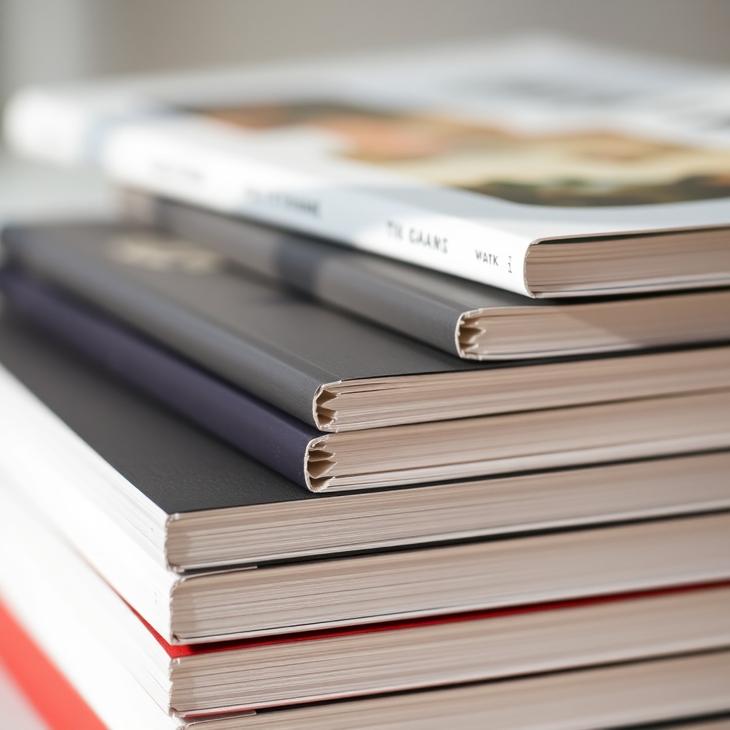 close up of a stack of fresh hardcover books, high quality paper texture, elegant spine design, soft