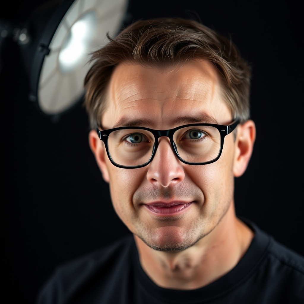 portrait headshot of a man in his forties with glasses, professional studio lighting, calm expressio