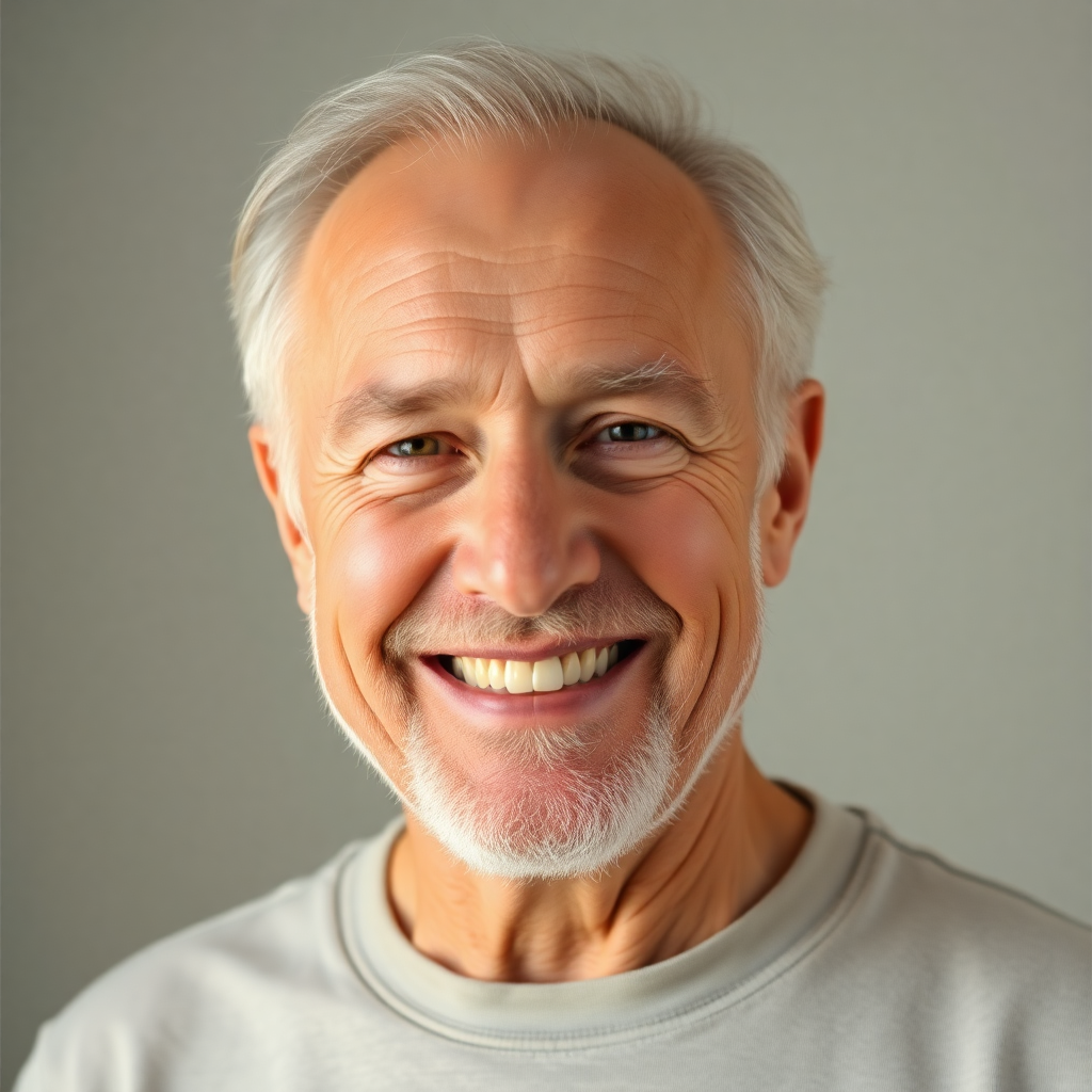 portrait headshot of a man in his seventies, warm smile, soft studio light, neutral background