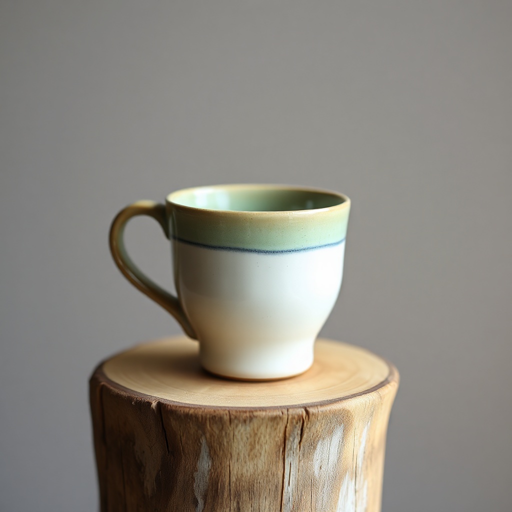 artisanal handmade ceramic coffee mug on a rustic wooden pedestal, soft directional light