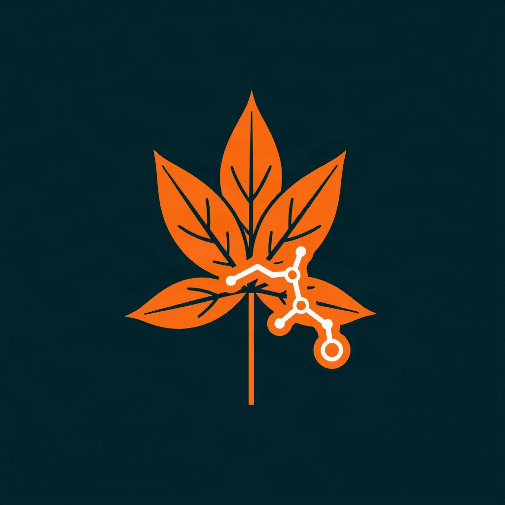 icon style graphic of botanical leaf and amino acid molecule intertwined, orange and white line art,