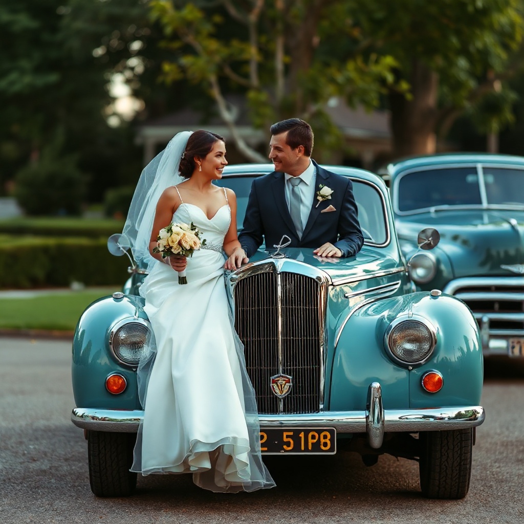 Couple leaving in a vintage car