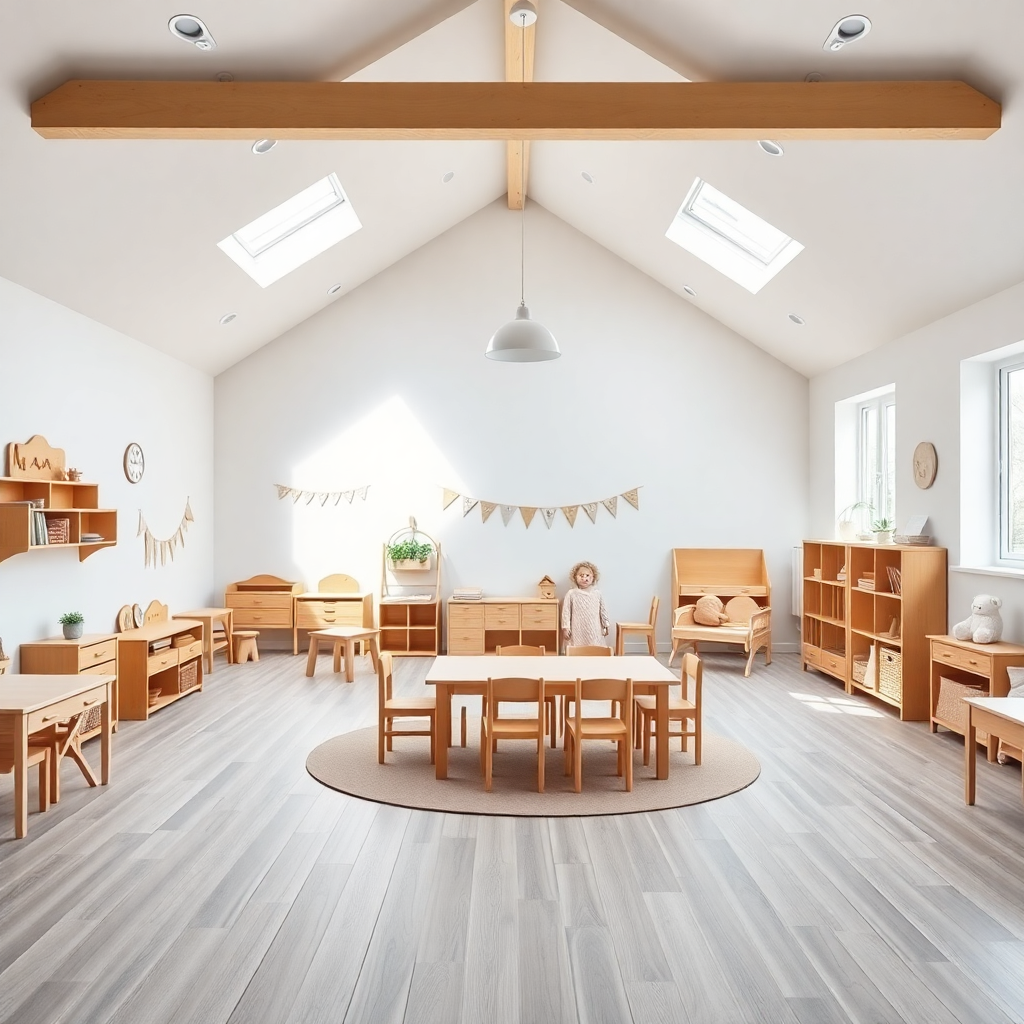 Scandinavian daycare main room with wooden furniture, skylights, pastel colors, clean orderly space,