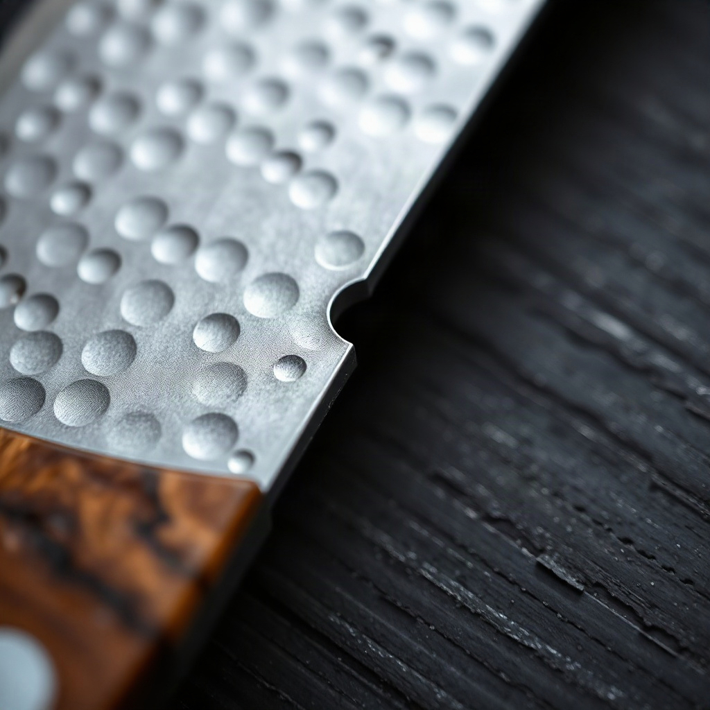 Macro detail photograph of a hammered-finish stainless steel chef knife blade showing the textured a