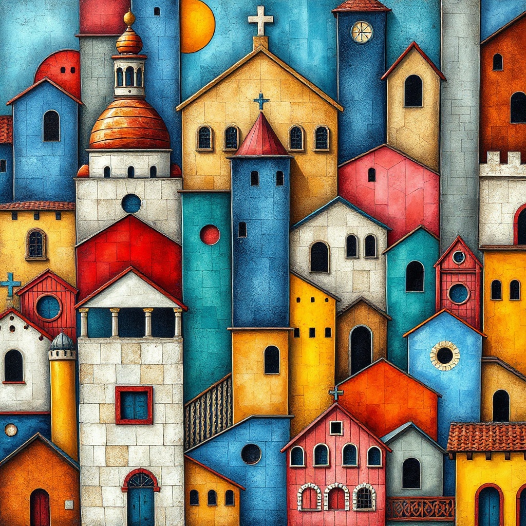 vibrant mosaic pattern of various architectural shapes and textures, colorful abstract art