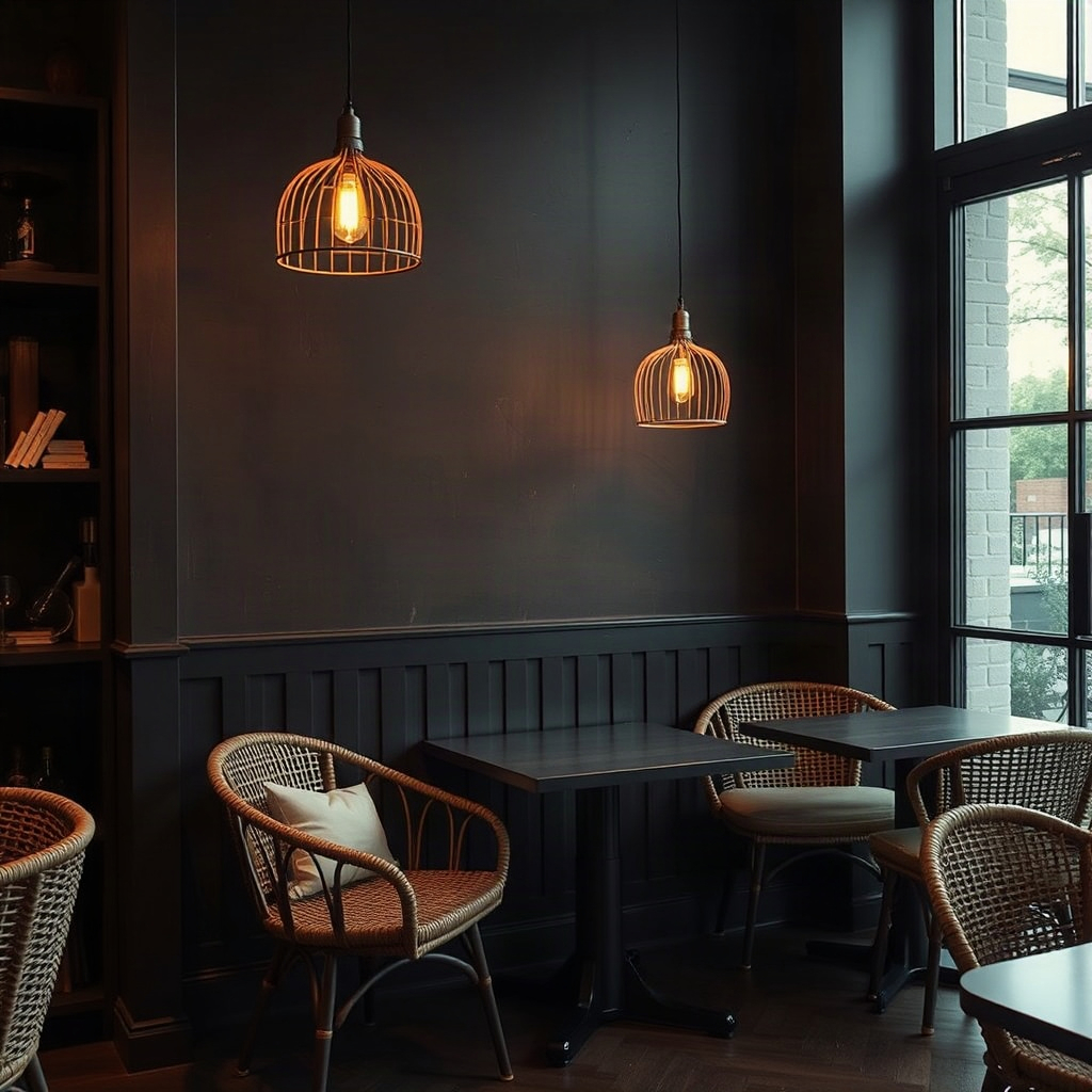 Cosy seating corner with rattan chairs and warm pendant lights