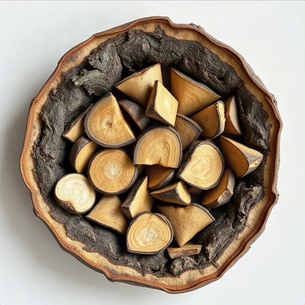 Small circular photo of dried Muira Puama bark pieces, neutral background, natural supplement photog