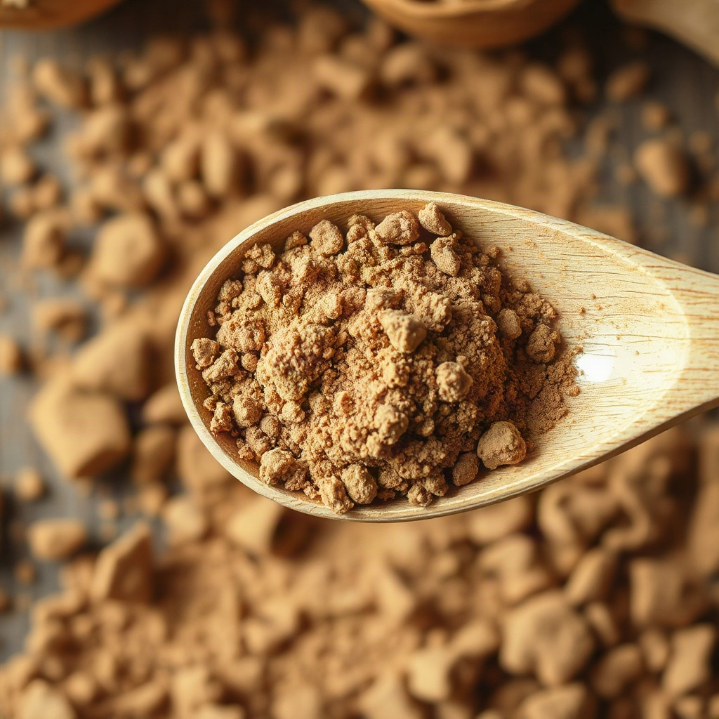 Small circular photo of dried Maca root powder in a spoon, warm earthy tones, natural supplement pho