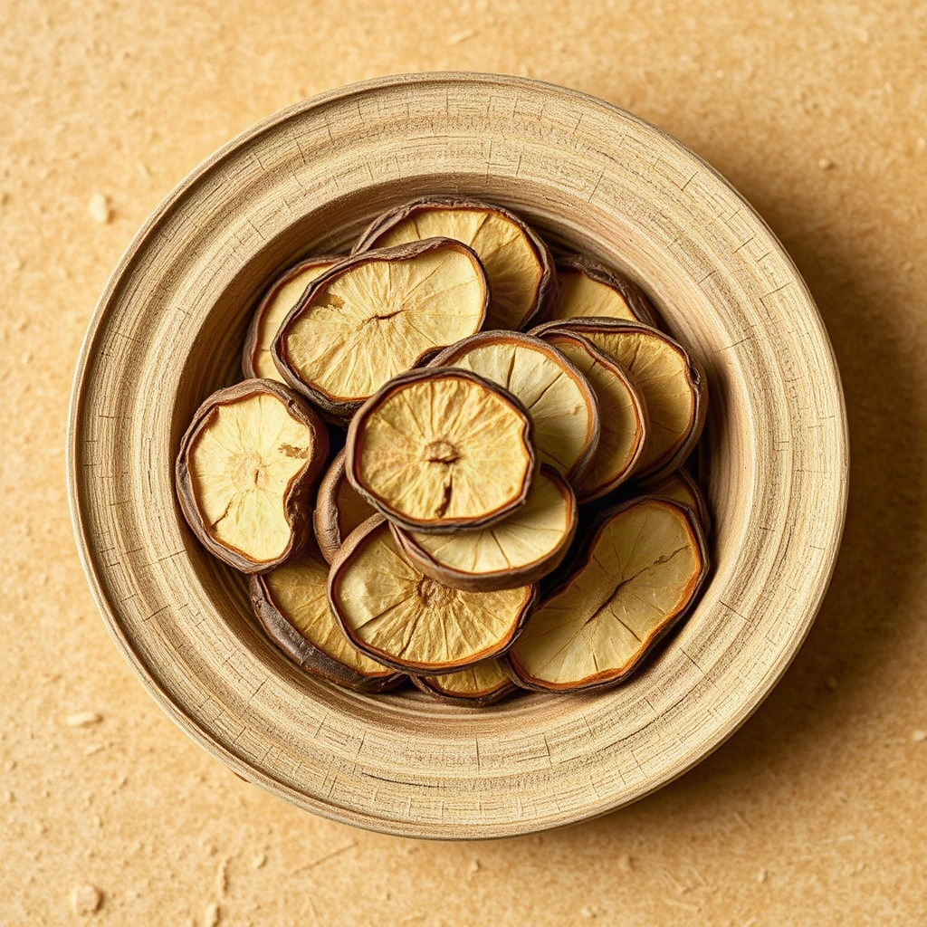 Small circular photo of dried Ashwagandha root slices, tan woody texture, neutral background, natura