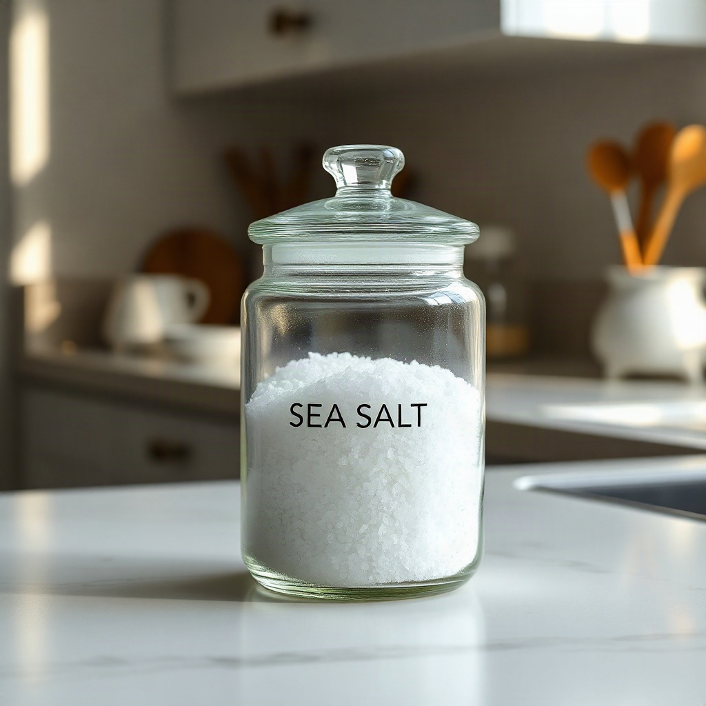 aesthetic glass jar of premium sea salt on a minimalist kitchen counter, soft morning light