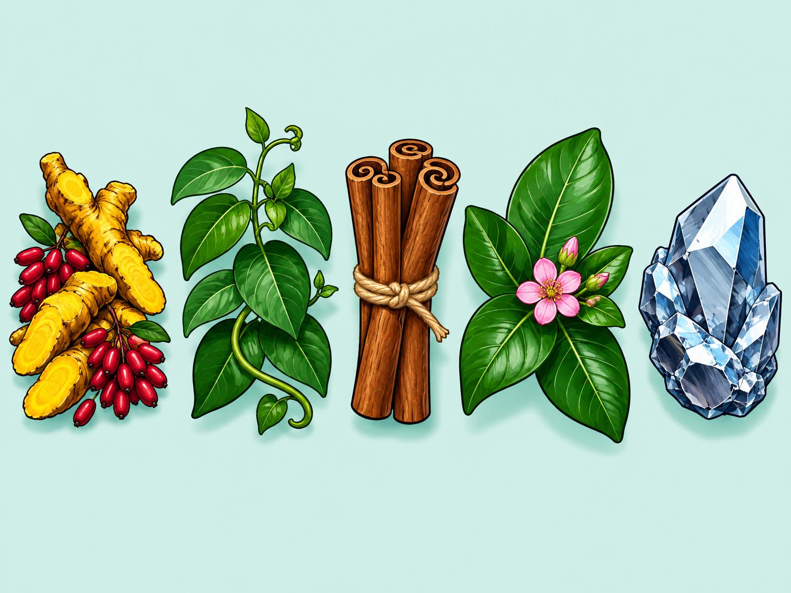 Icon-style illustration of the five GlucoPril ingredients: goldenseal-type root for berberine, gymnema leaves, cinnamon bark sticks, banaba leaves and a chromium mineral crystal