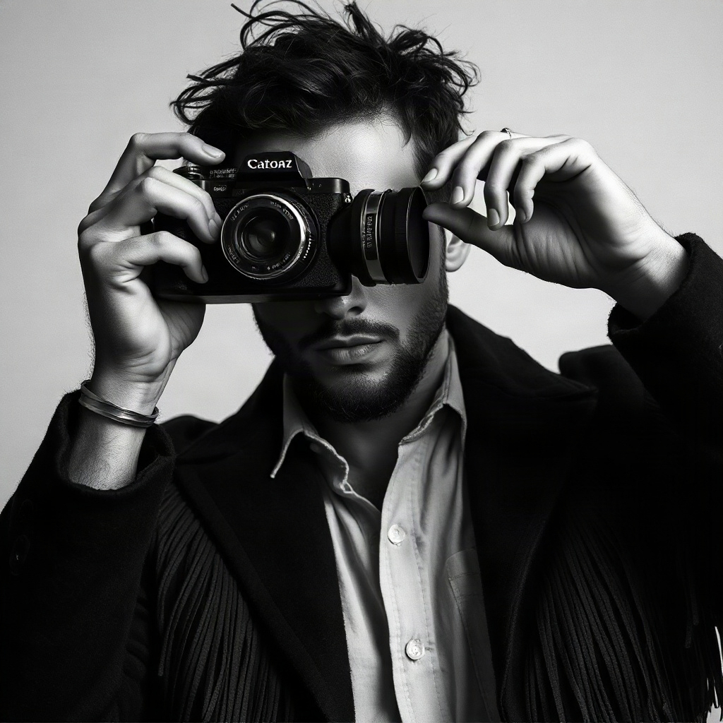 cinematic portrait of a male artist in a fringed jacket holding a vintage film camera to his eye, bl
