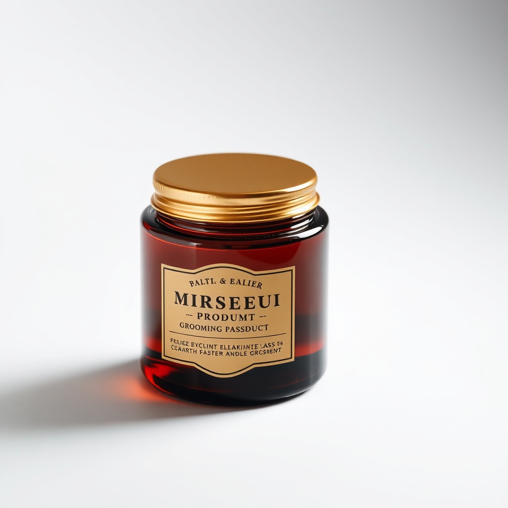 premium men's grooming product jar, amber glass with gold lid, studio product shot without backgroun