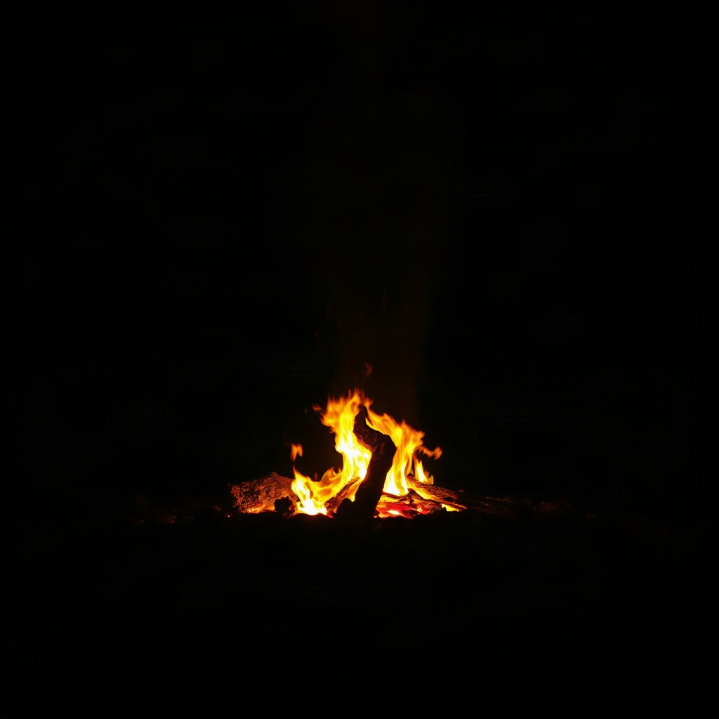 ancient primitive fire glowing on dark volcanic stone at night, warm ember light