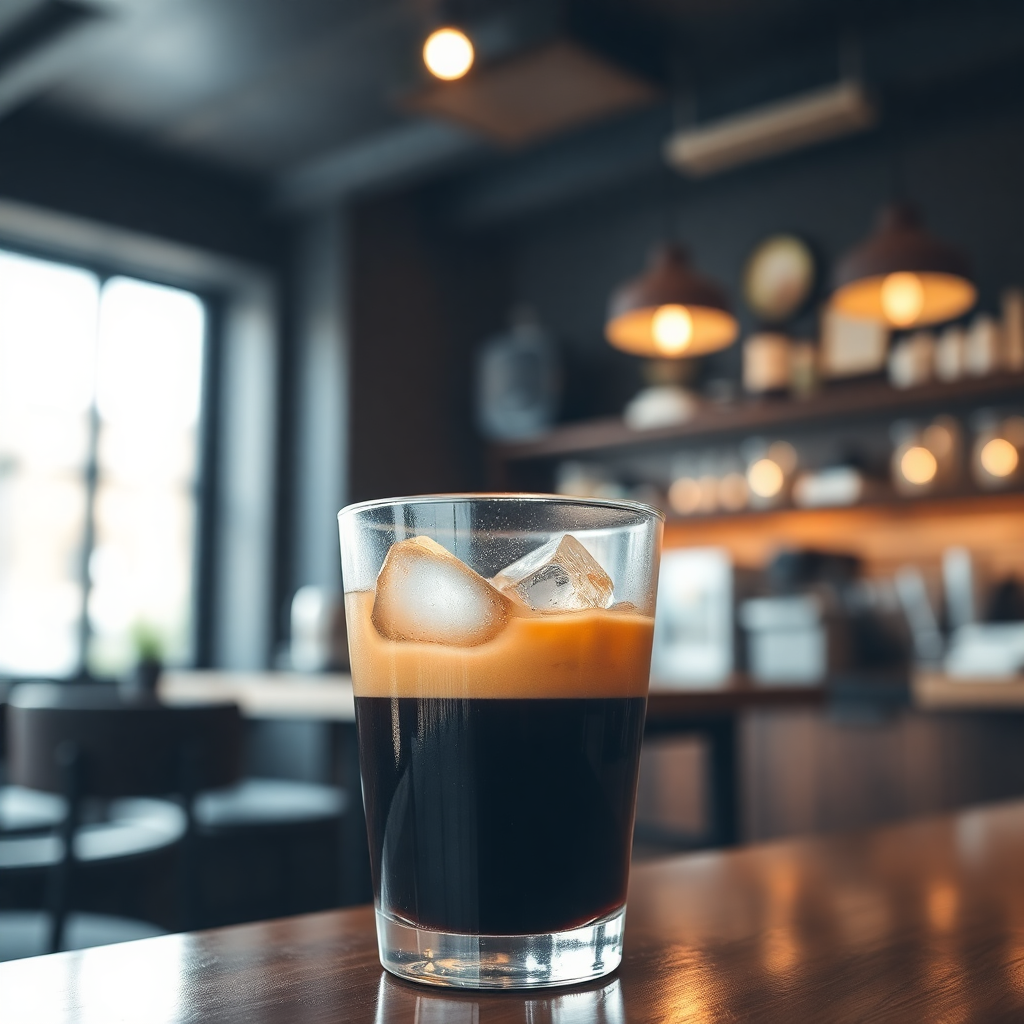 dark roast coffee americano in a glass with ice, coffee shop moody atmosphere