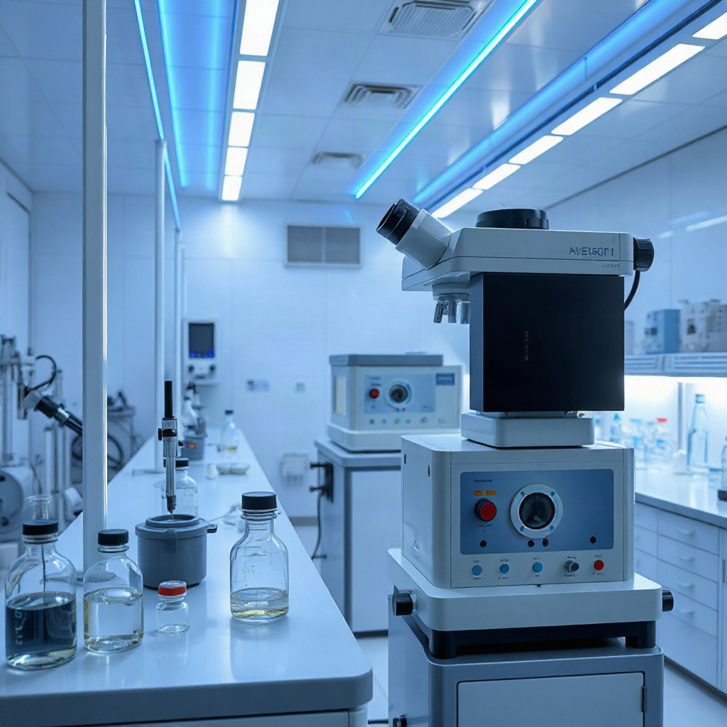futuristic laboratory setting with blue lighting, high-tech equipment, science and quality control