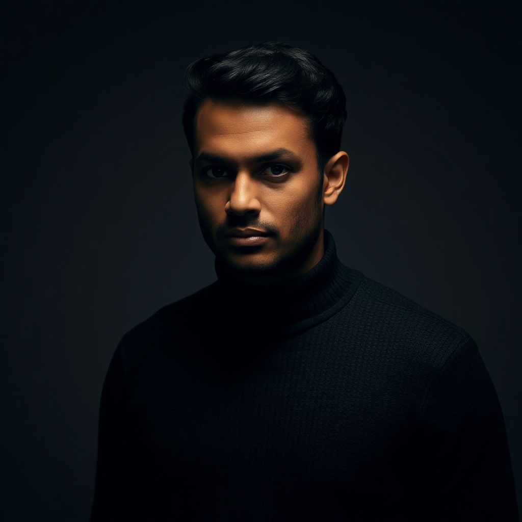 editorial dark studio portrait of a focused South Indian man in his thirties wearing a dark knit sweater