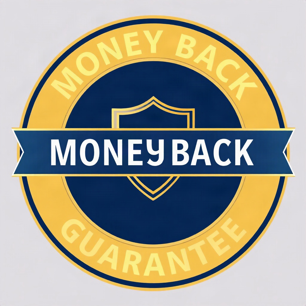 Circular money-back guarantee seal badge illustration, gold and navy colors, ribbon border, shield i