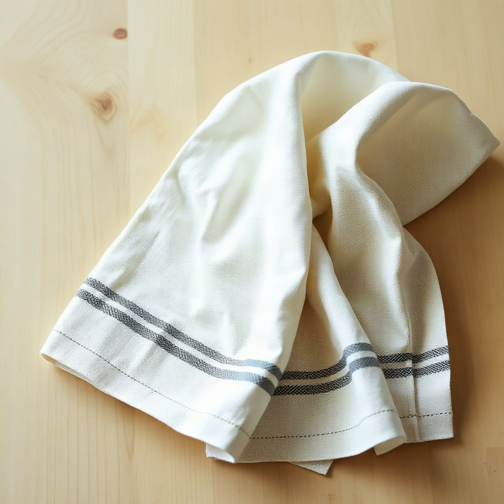 linen kitchen towel with subtle stripes, folded neatly on a light wood surface, aesthetic lifestyle