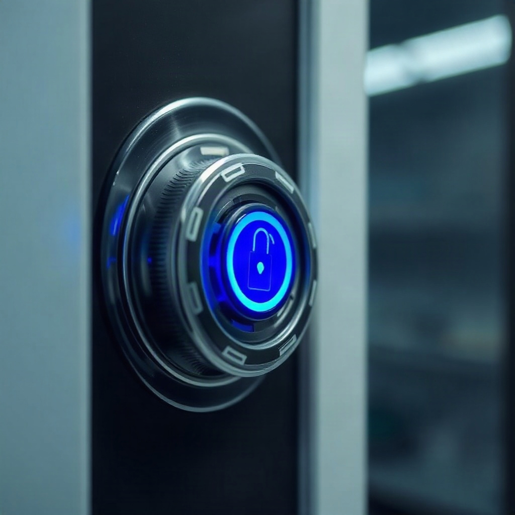 close-up of a secure high-tech physical server lock with glowing blue indicator, laboratory clean en