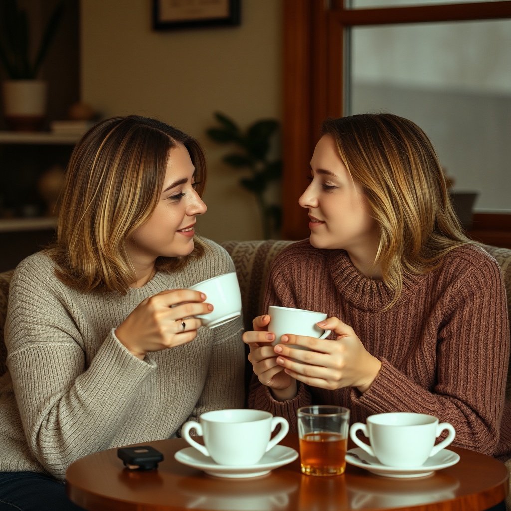 two friends talking calmly over tea, warm intimate connection, soft editorial photography