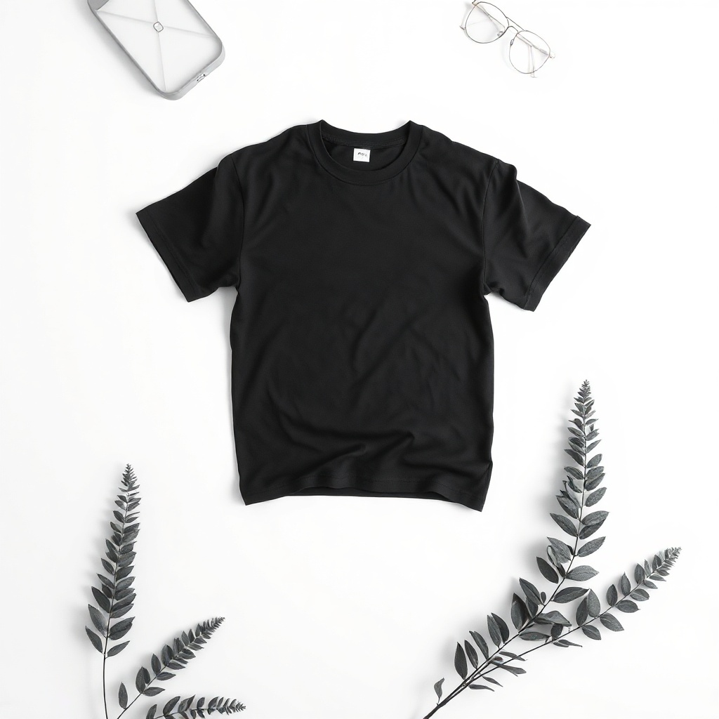 minimalist black oversized t-shirt flatlay on white background, clean studio shot, monochrome fashio