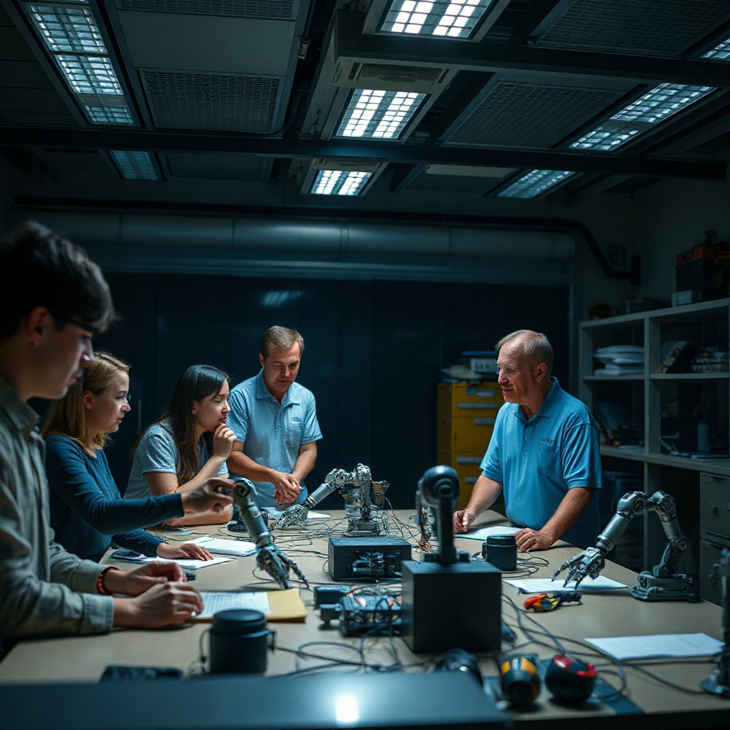 Modern school robotics classroom with students and mentors, dark cinematic lighting