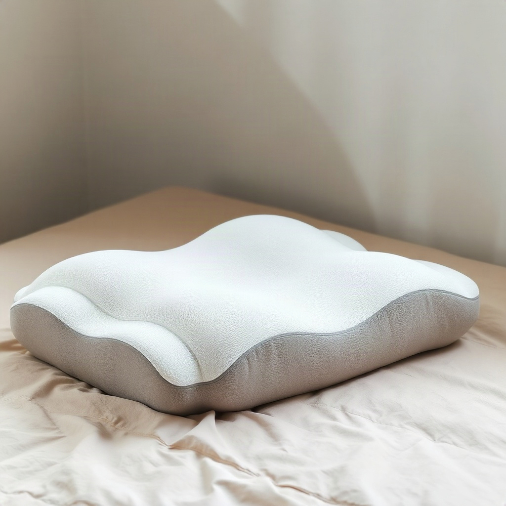 contoured white and gray wave-shaped memory foam pillow photographed on a soft neutral bed, minimal 