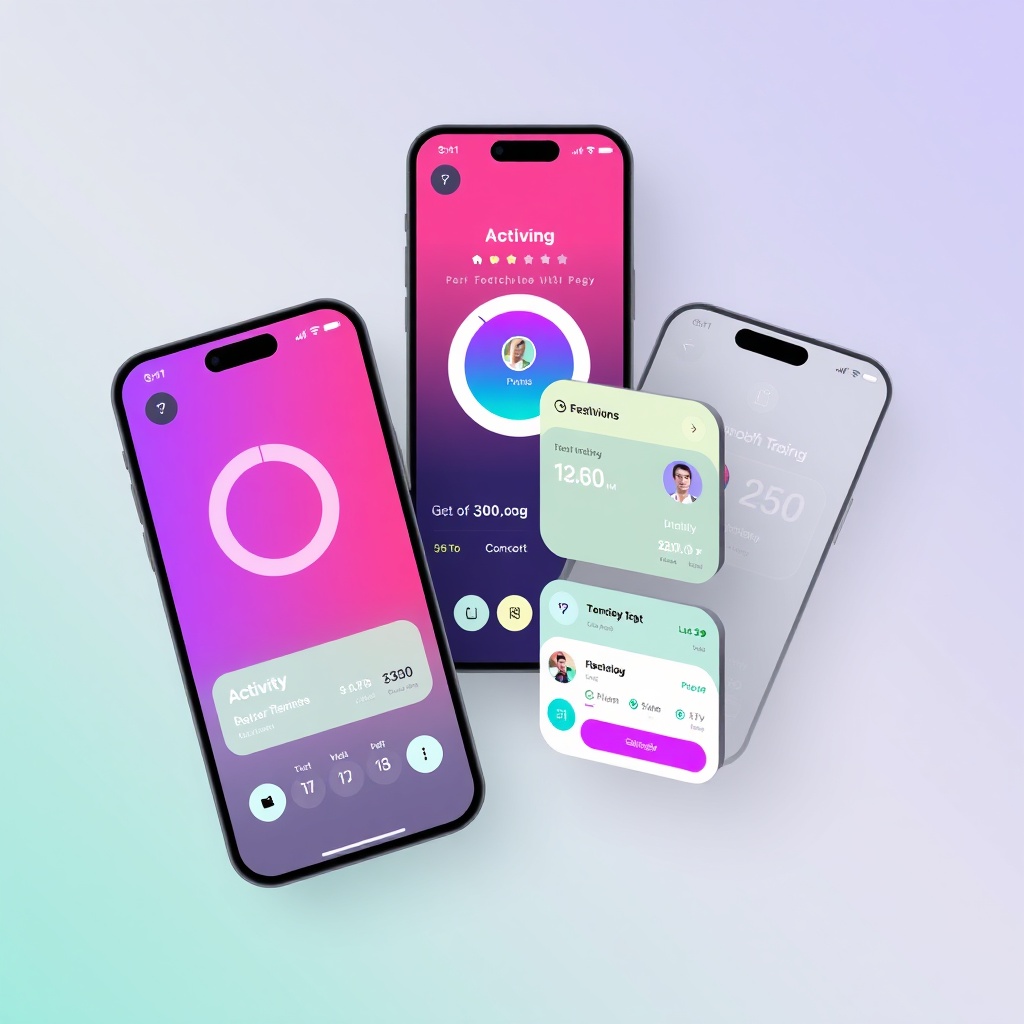 health and fitness mobile app UI kit, vibrant colors, activity tracking screens, modern mobile inter
