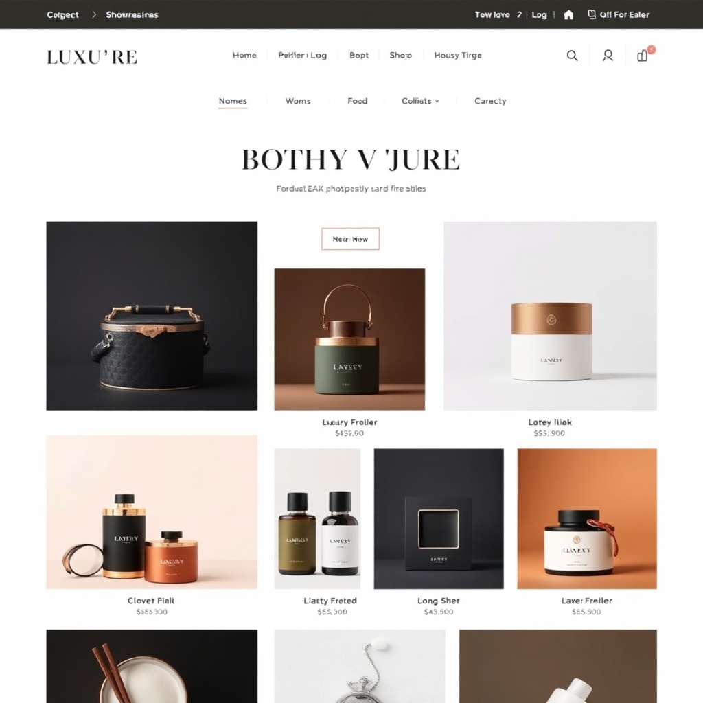 minimalist e-commerce shop page template, grid of luxury products, elegant typography, high-end desi