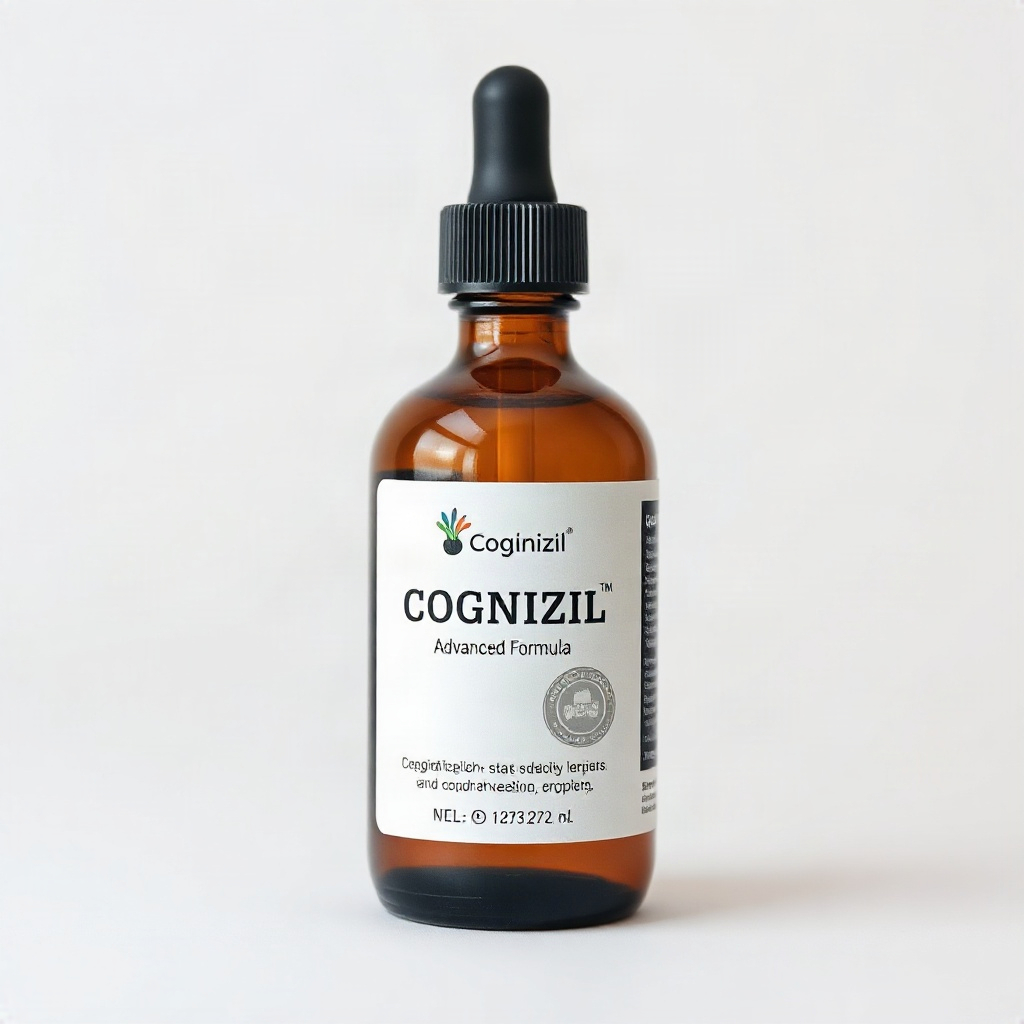 Single amber glass dropper bottle labeled Cognizil Advanced Formula standing alone, studio product p