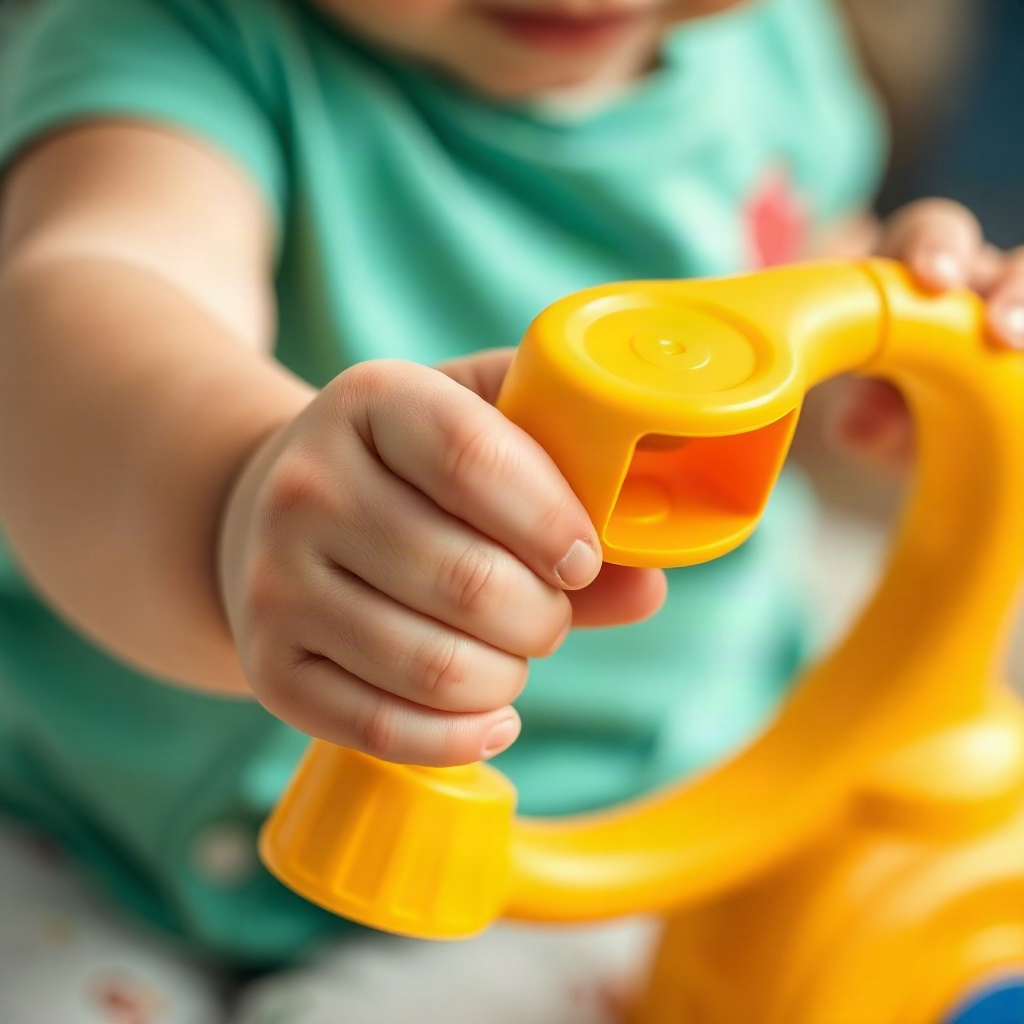 close up of a child's hand holding a bright yellow educational toy, focus on learning and growth