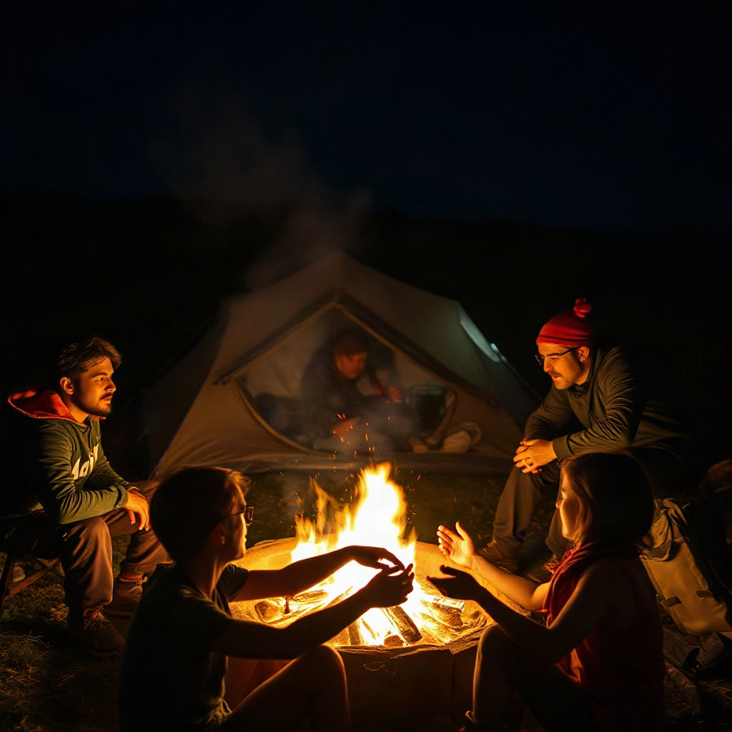 group of diverse travelers sitting around a campfire at night, warm glow