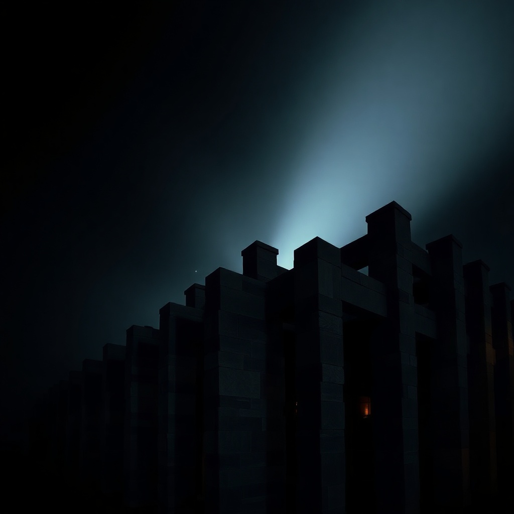 abstract dark architectural photo of stacked stone blocks forming a rising structure