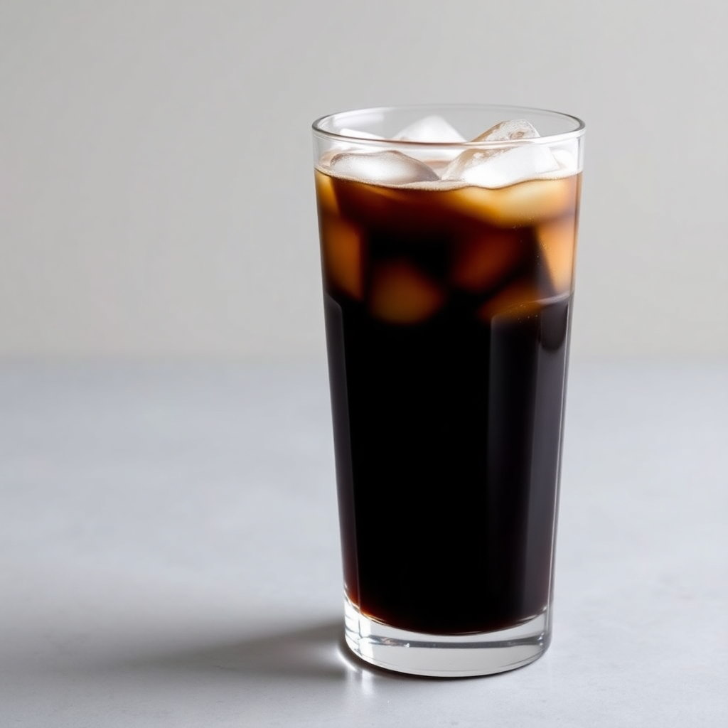 classic cold brew coffee in a tall glass with ice, dark coffee, minimal aesthetic