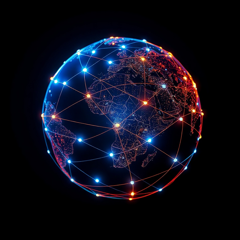 abstract network of blue and gold glowing lines across a dark globe representing global industries