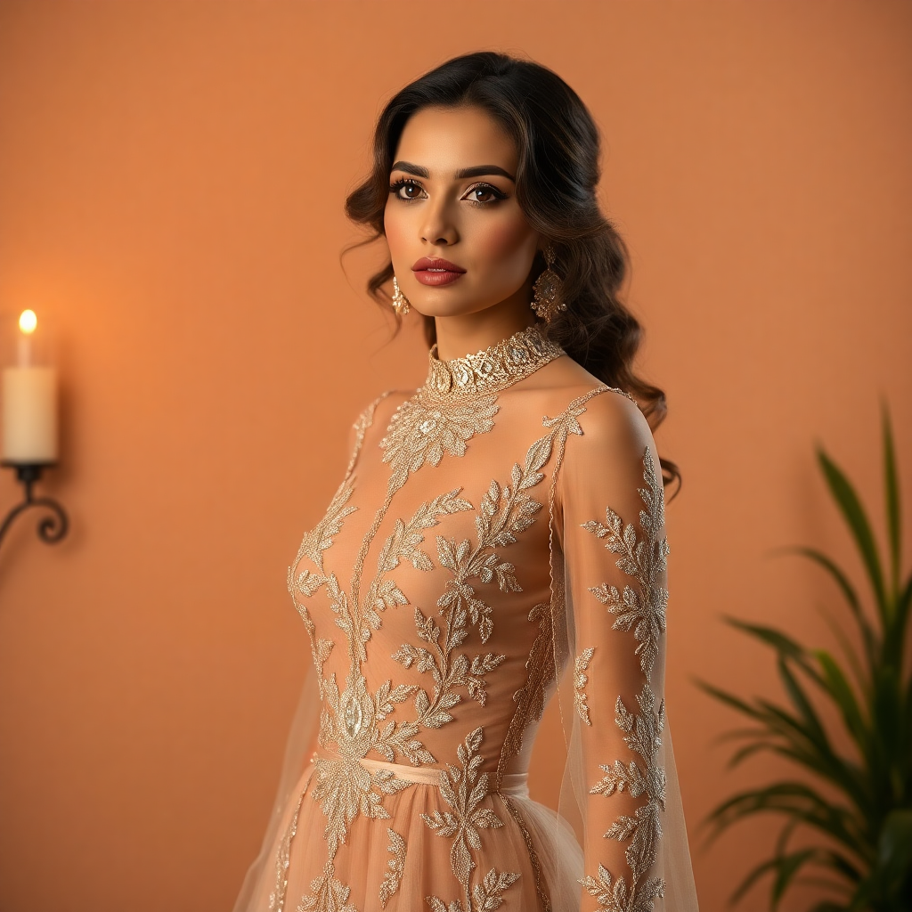 woman wearing embroidered embellished evening dress warm tones luxury fashion photography elegant