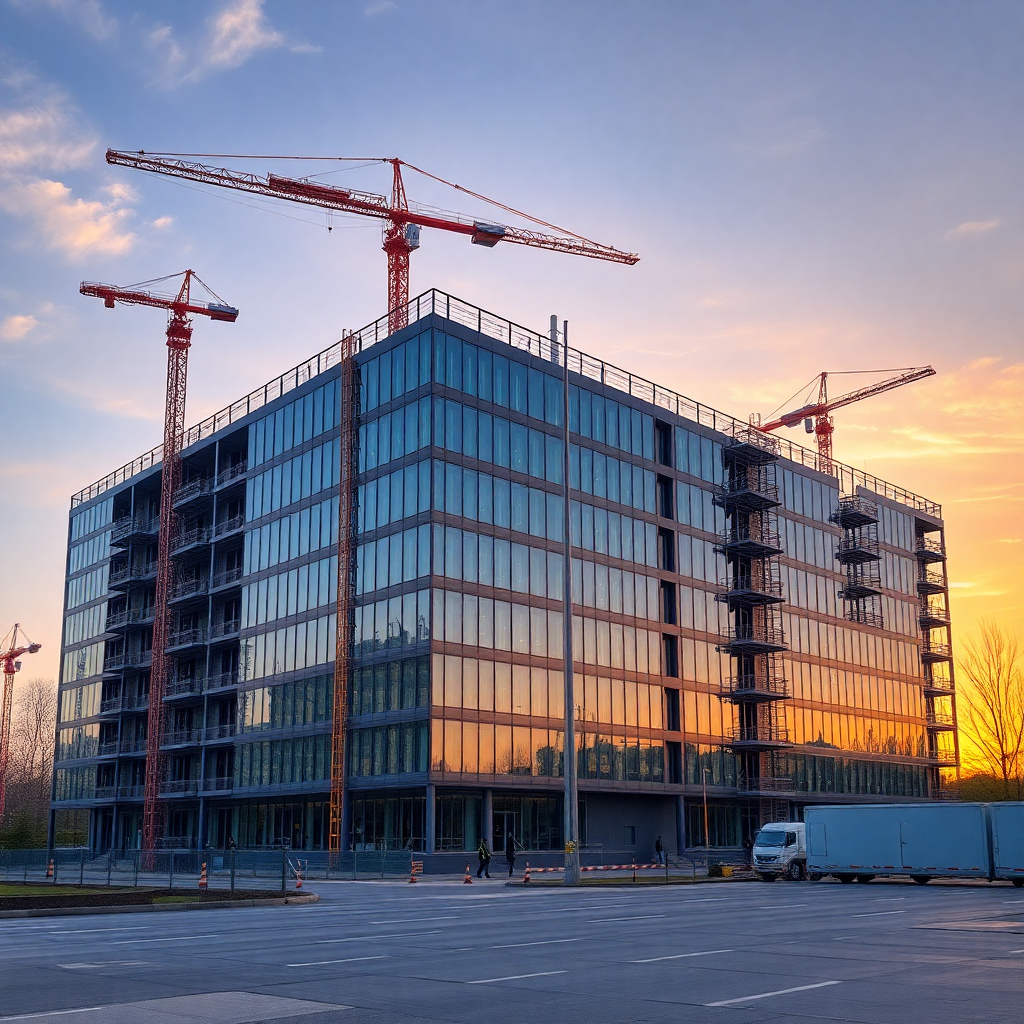 large modern office building under construction with cranes at golden hour, Poland, professional arc