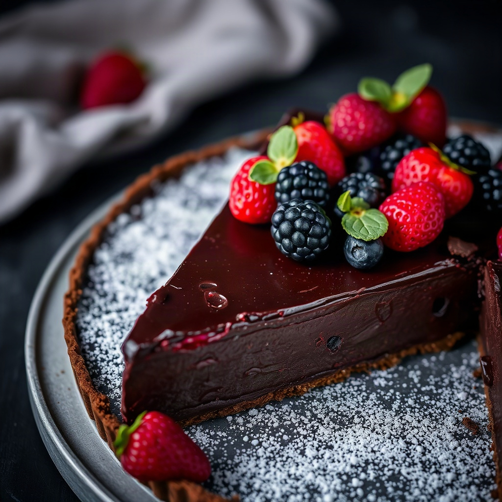 close-up of a rich vegan chocolate tart with berries, dark moody food photography