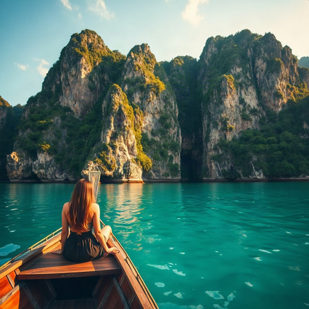 breathtaking luxury tropical landscape with emerald water and limestone cliffs, woman sitting on fro