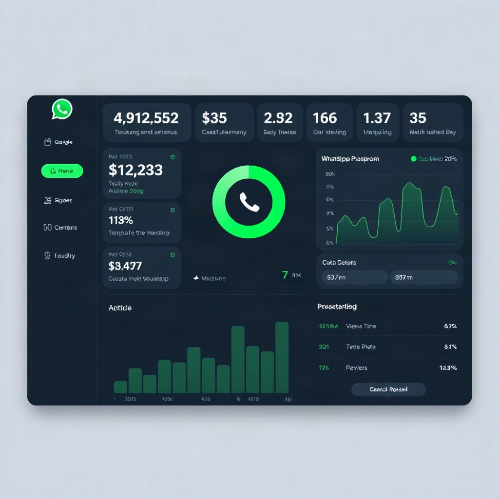 whatsapp automation platform dashboard, real-time messaging stats, clean dark UI, futuristic